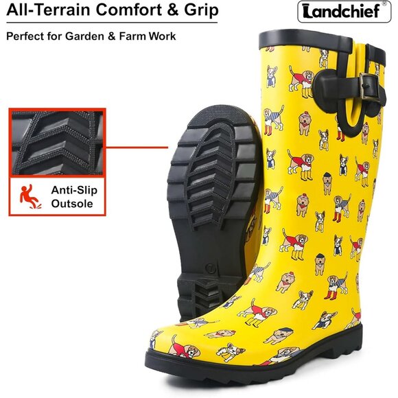 Women's Pup Parade Yellow Waterproof Tall Knee High Rubber landchief Rain Boot - Picture 3 of 7